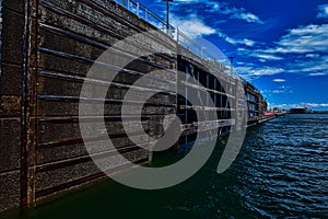 Soo locks doors open to allow ships to pass