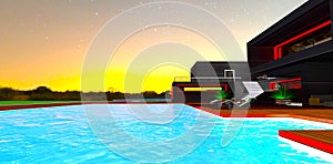 Soon sunrise in the distance visible from the surface of the swimming pool near the suburban private house. 3d rendering