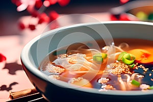 Soothing Asian Udon Noodle Soup with Delicate Garnishes