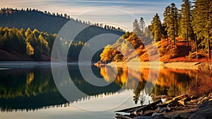 Soothing Autumn Landscapes: A Serene Lake Surrounded By Rim Lit Trees