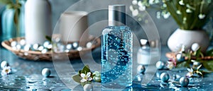 Soothing Blue Serum on Textured Surface with Blossoms & Bubbles. Concept Beauty Products, Skincare