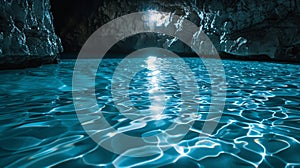 The soothing blue water reflects the moonlight creating a calming and dreamy atmosphere for a tranquil swim. 2d flat