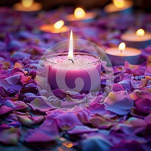 Soothing candlelight among scattered pink and purple flower petals