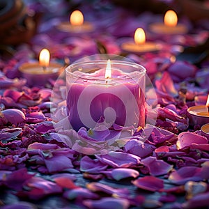 Soothing candlelight among scattered pink and purple flower petals