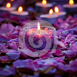 Soothing candlelight among scattered pink and purple flower petals