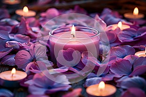 Soothing candlelight among scattered pink and purple flower petals