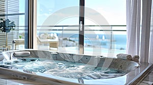 The Soothing Comfort of a Hot Tub by the Window with Panoramic Sea Views in a Deluxe Hotel Room