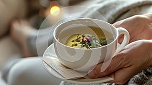 A soothing herbal tea being served to a patient after their acupuncture session with a label describing its healing