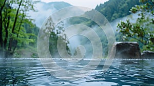 A soothing hot spring surrounded by foggy mountains providing the perfect setting for a peaceful and rejuvenating sleep