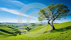 Soothing Landscapes: Tree On Beautiful Green Hill In Rural America