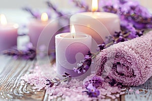 Soothing Lavender Spa Setting With Candles and Bath Salt