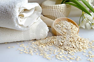 a soothing oatmeal bath preparation with colloidal oatmeal and a towel