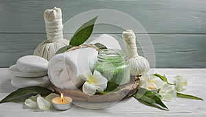 Soothing Sanctuary. White Wood Table Set with Spa Essentials.