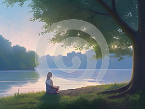 Serenity in Nature: Meditative Self-Care by the Tranquil Lake photo