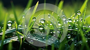 Soothing and serene defocused bokeh background with natural green grass and water drops