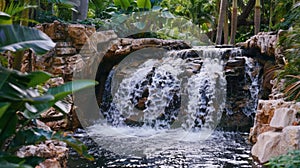 The soothing sounds of a nearby waterfall lulling guests into a state of ultimate relaxation. 2d flat cartoon