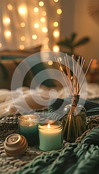 Soothing spa ambiance lit candles and fragrant reed diffuser on table with soft background glow