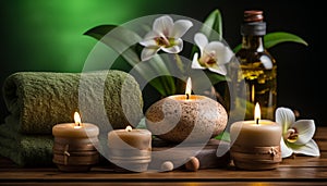 Soothing spa treatment background with candles on dark surfaceempty space for personalized text.