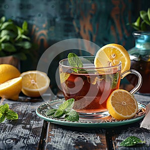 Soothing tea presentation mint, lemon adornments, against dark backdrop