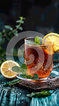 Soothing tea presentation mint, lemon adornments, against dark backdrop photo