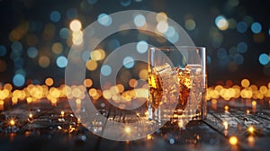 Soothing whiskey glass with ice on dark blurred background, space for text placement