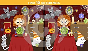 Soothsayer with magic crystal ball. Find 10 differences. Halloween game. Flat, cartoon, vector