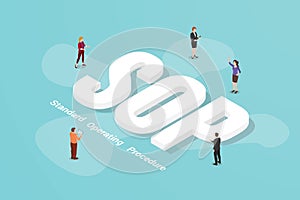 Sop standard operating procedure big text word and people around with modern isometric style