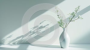 A sophisticated arrangement of fresh flowers in a minimalist vase casts soft shadows on the pristine white surface