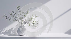 A sophisticated arrangement of fresh flowers in a minimalist vase casts soft shadows on the pristine white surface photo