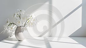 A sophisticated arrangement of fresh flowers in a minimalist vase casts soft shadows on the pristine white surface photo