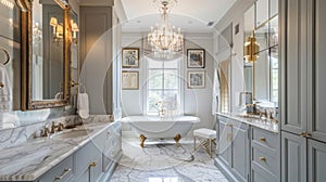 Sophisticated bathroom with crystal chandelier, clawfoot tub, gold fixtures, and marble countertops combines luxury and