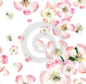 Sophisticated beautiful cute lovely tender herbal floral spring flowers of apple with green leaves and bees pattern