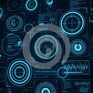 Advanced Digital HUD Interface with Multiple Data Analytics Screens and Circular Gauges