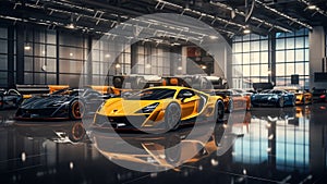 A sophisticated car dealership presentation yellow and black cars car showroom wall mockup HD 1920*1080