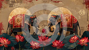 Sophisticated card with elephants in festive attire among lotus flowers, ancient Sinhalese symbols, and a golden sun for