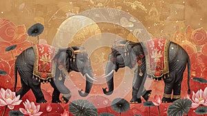 Sophisticated card with elephants in festive attire among lotus flowers, ancient Sinhalese symbols, and a golden sun for