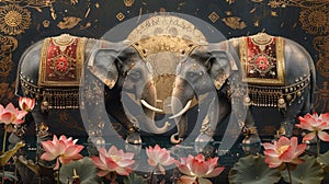 Sophisticated card with elephants in festive attire among lotus flowers, ancient Sinhalese symbols, and a golden sun for