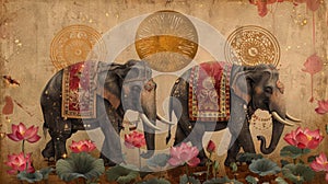 Sophisticated card with elephants in festive attire among lotus flowers, ancient Sinhalese symbols, and a golden sun for photo