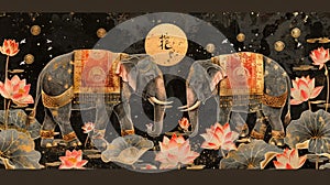 Sophisticated card with elephants in festive attire among lotus flowers, ancient Sinhalese symbols, and a golden sun for photo