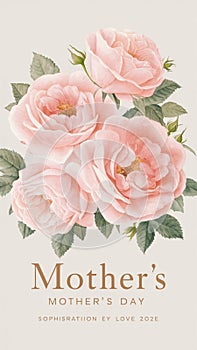 Sophisticated card for Mother\'s Day with beautiful light pink roses and delicate leaves. Contains borders.