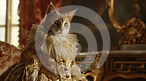 sophisticated cat wearing royal costumes in an opulent room