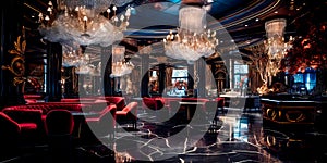 sophisticated and classy casino lobby with glitzy chandeliers, velvet seating, and a glamorous ambiance.