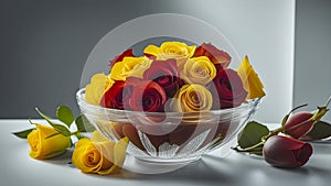 Sophisticated Clear Glass Bowl Filled With Lush Red And Yellow Roses Rests On A White Surface