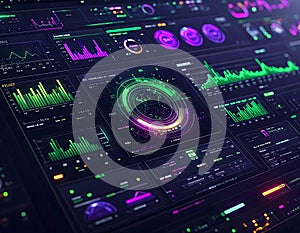 Futuristic AI dashboard interface with colorful data visualizations and real-time analytics