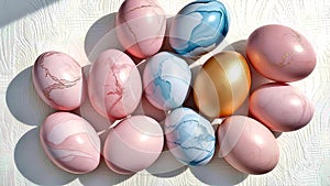 Elegant Marble Easter Eggs in Pink and Blue on White Background - AI Generated