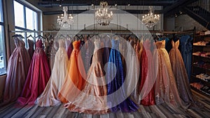 A sophisticated dress rental boutique offering a curated selection of elegant formal attire, including colorful wedding