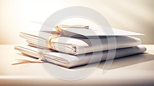 A sophisticated and elegant image of a stack of white papers tied with a gold ribbon on a white surface. The topmost