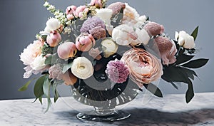 Sophisticated floral arrangement using a mix of different blooms. Panorama