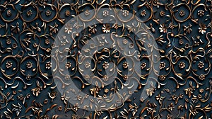 A sophisticated floral pattern in gold tones over a rich black background, ideal for textiles, wallpapers, and elegant