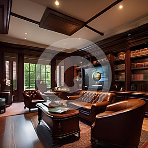 A sophisticated gentlemans study with leather armchairs, a mahogany desk, and a globe bar cart3